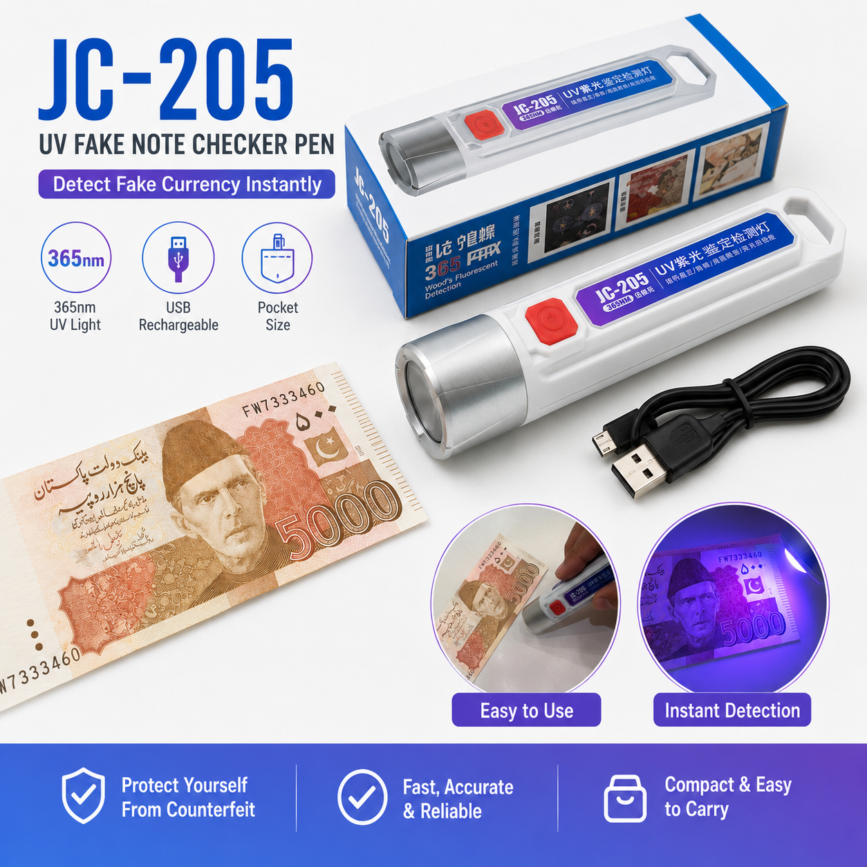 JC-205 Rechargeable 365nm UV Money Detector